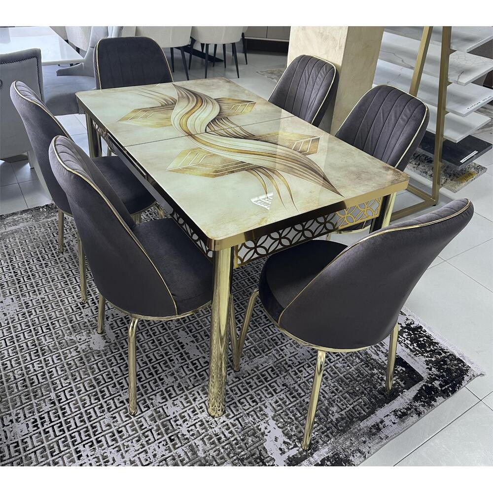 Set masă extensibilă din sticlă + 6 scaune din catifea