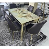 Set masă extensibilă din sticlă + 6 scaune din catifea