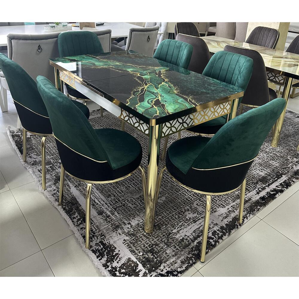 Set masă extensibilă din sticlă + 6 scaune din catifea