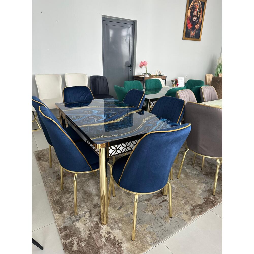Set masă extensibilă din sticlă + 6 scaune din catifea
