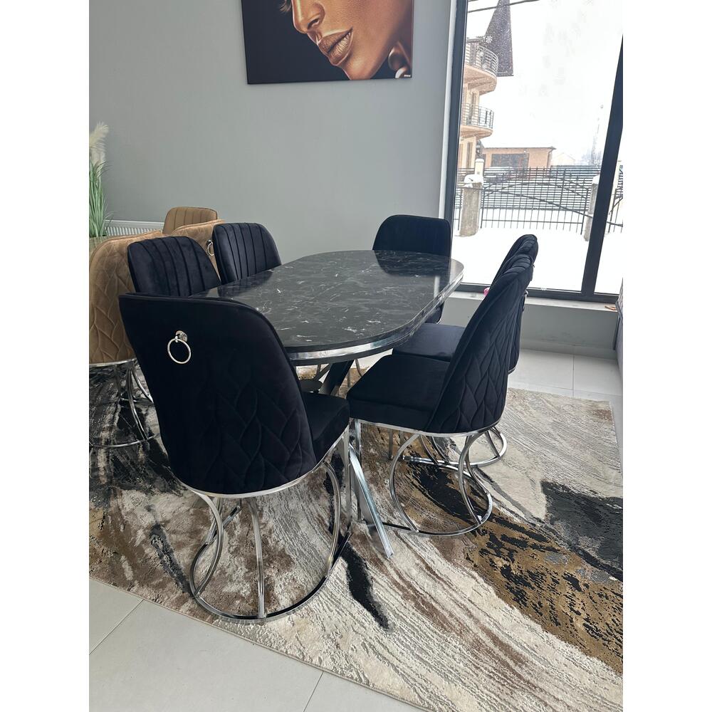 Set masa ovala +6 scaune negru/crom