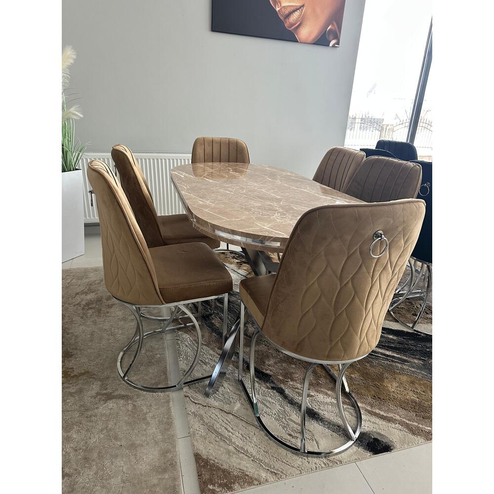 Set masa ovala +6 scaune bej/crom