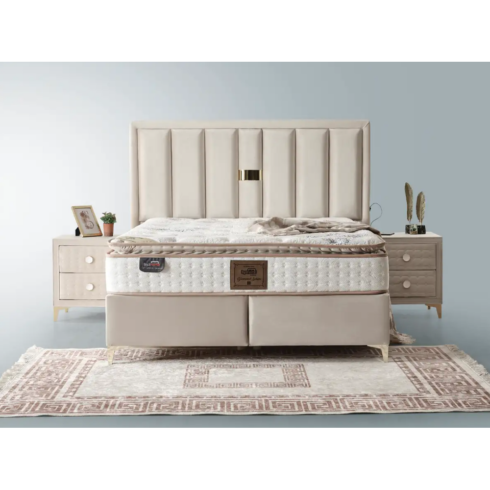 Pat tapițat cu ladă și somieră rabatabilă Diamond, bej, 140 cm x 200 cm