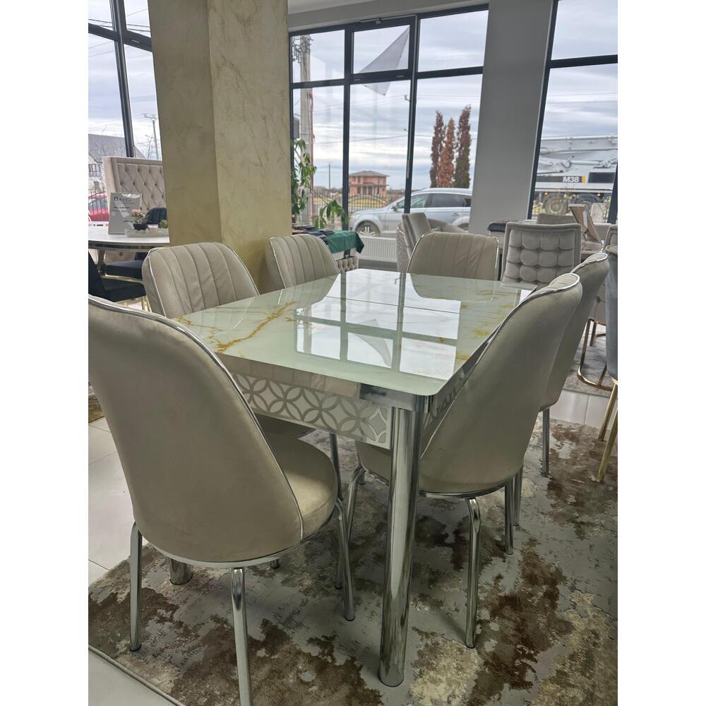 Set masă extensibilă din sticlă + 6 scaune din catifea