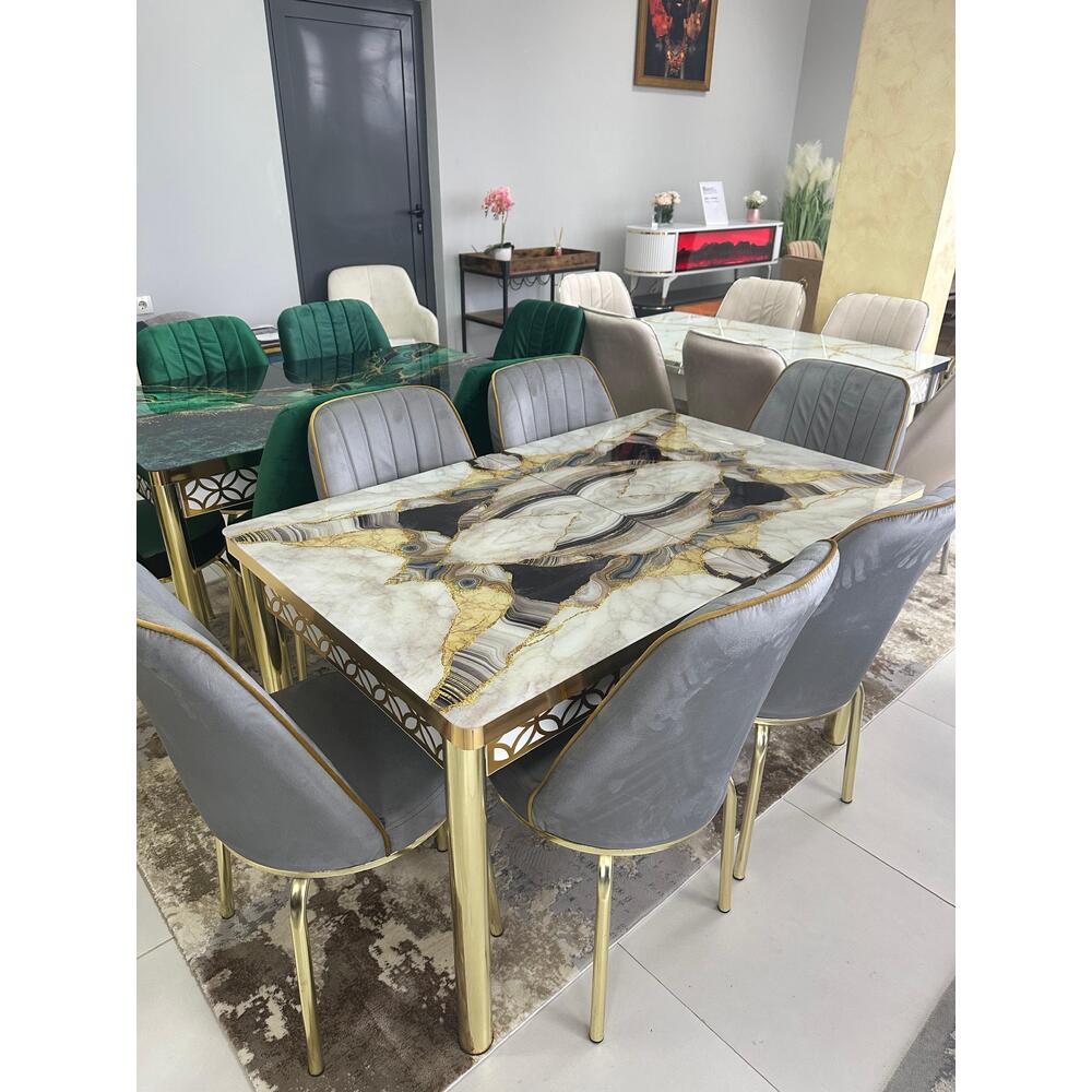Set masă extensibilă din sticlă + 6 scaune din catifea
