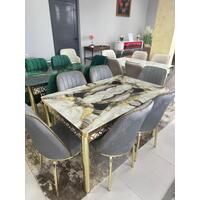 Set masă extensibilă din sticlă + 6 scaune din catifea