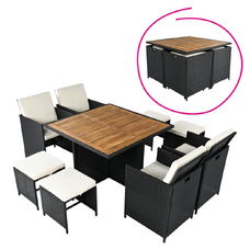 Set de grădină din ratan, lemn de salcâm, negru/crem/natural, MELFORD
