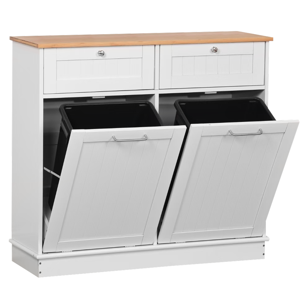 Dulap basculant cu coş de gunoi, alb/bambus, DELINS TYP 2