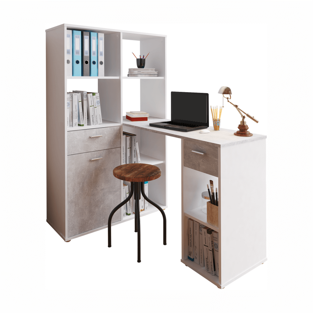 Masă PC cu etajeră, alb/beton, MINESON