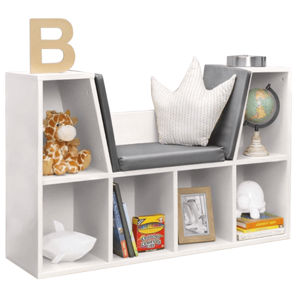 Bibliotecă pentru copii cu scaune, alb / gri, FERIA