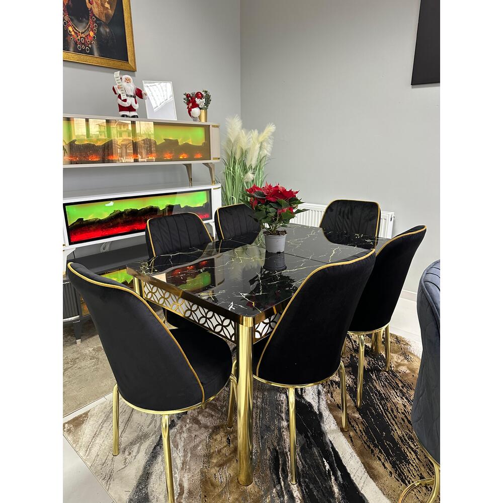 Set masă extensibilă din sticlă + 6 scaune din catifea